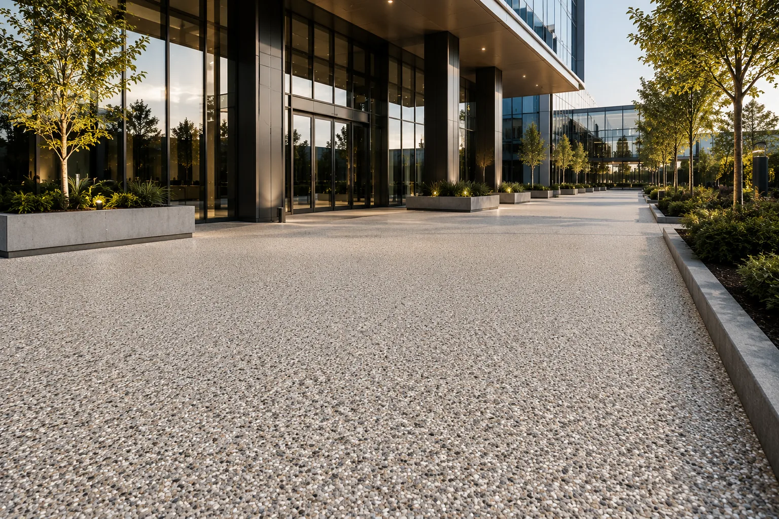 Resin bound paving across a commercial building forecourt and entrance plaza