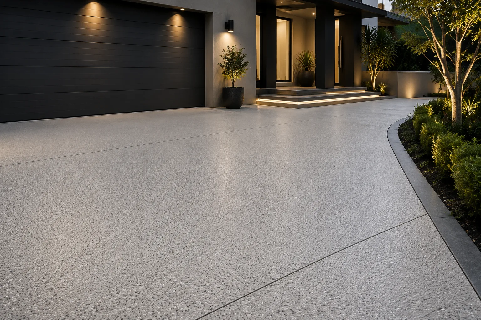 Resurfaced concrete driveway in a smooth pale finish leading to a modern home entrance