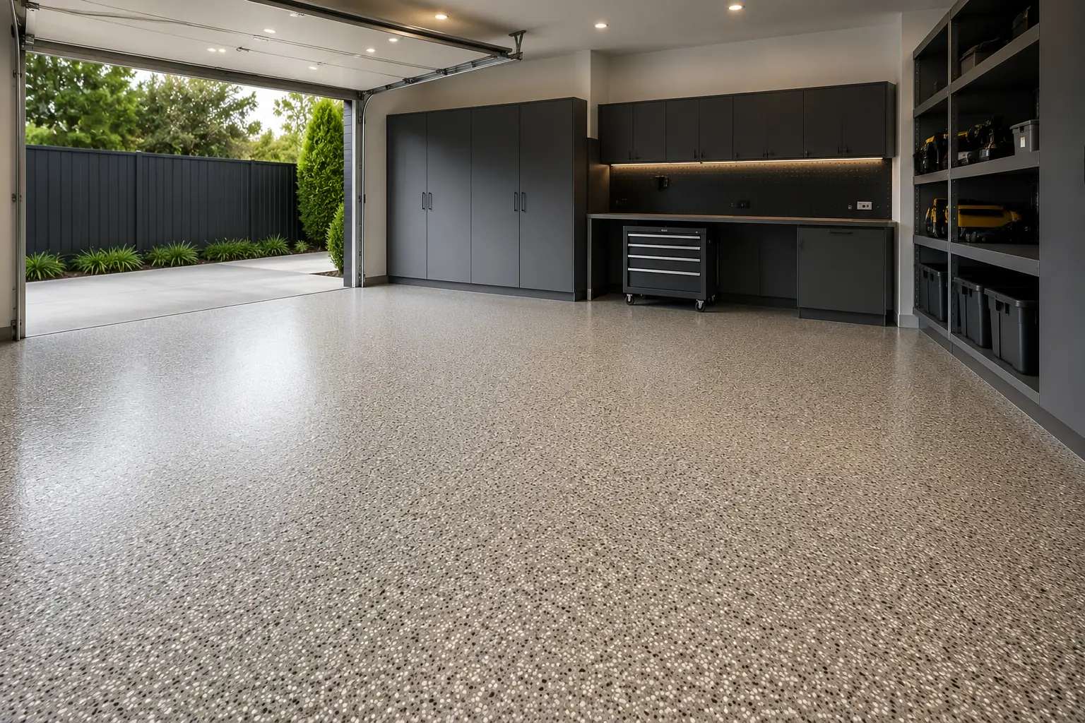 Flake-finish resin garage floor running out to the driveway, with workbench and cabinetry beyond