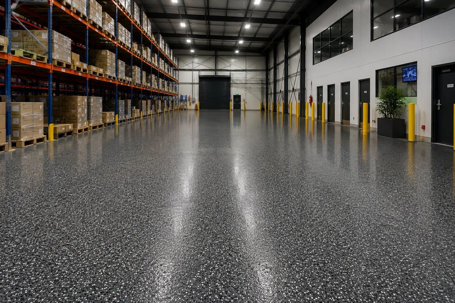 Seamless flake-finish resin floor running the length of a warehouse between pallet racking and loading doors